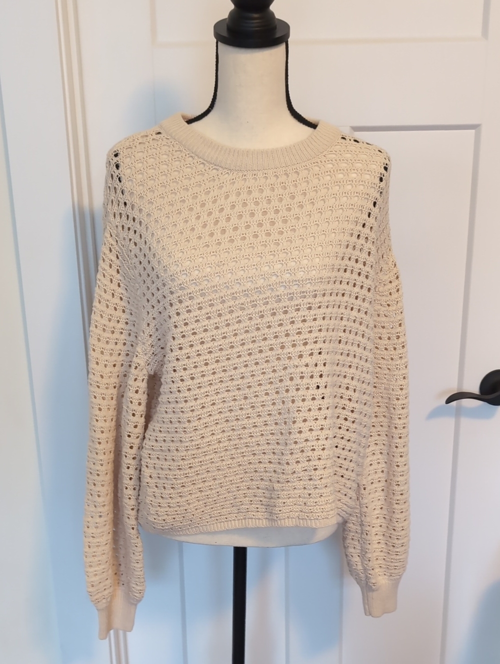 Roxy Cream Open-Weave Crewneck Sweater